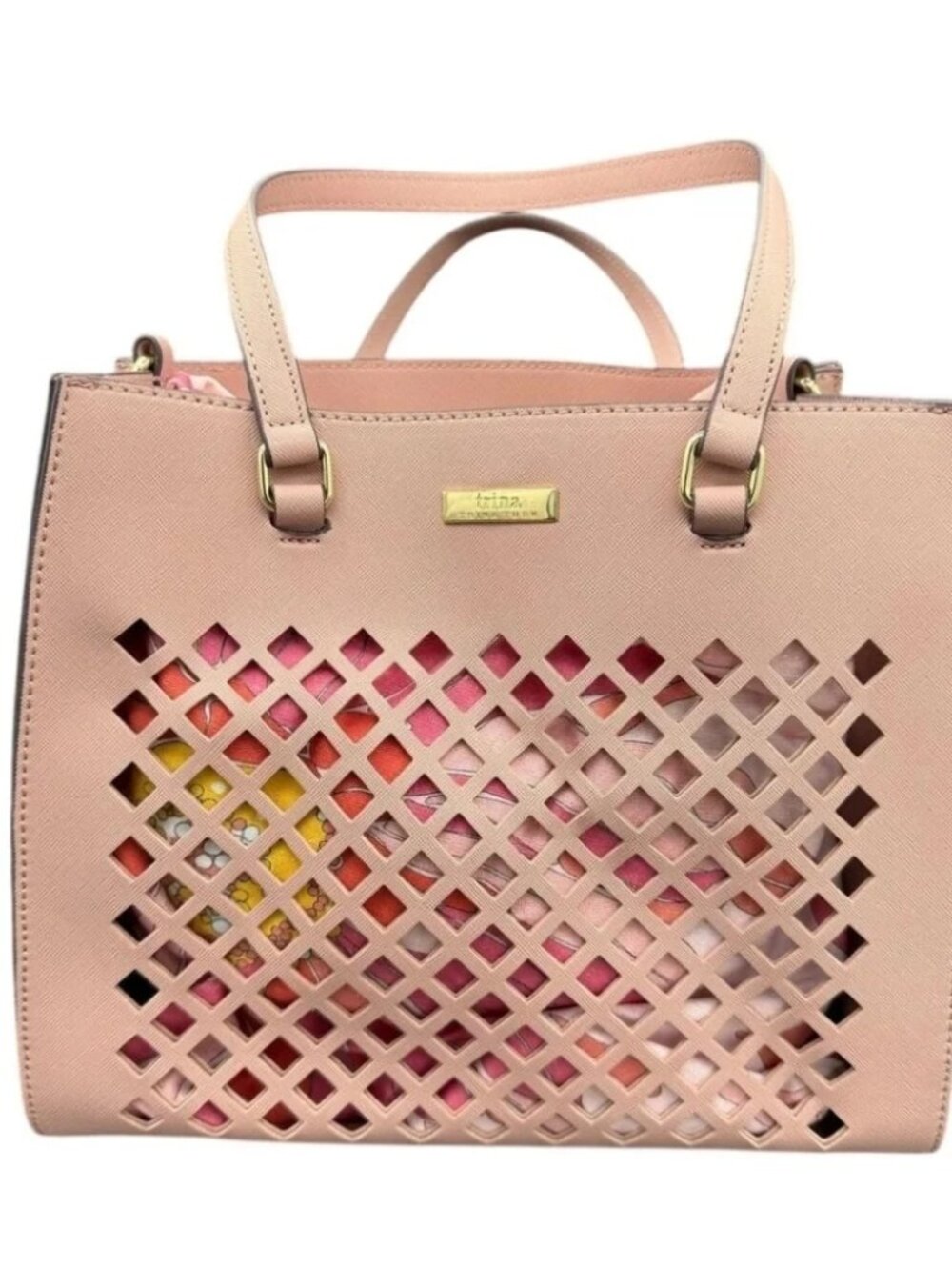 Trina Turk Pink Perforated Tote with Multicolor Interior Peek NWOT